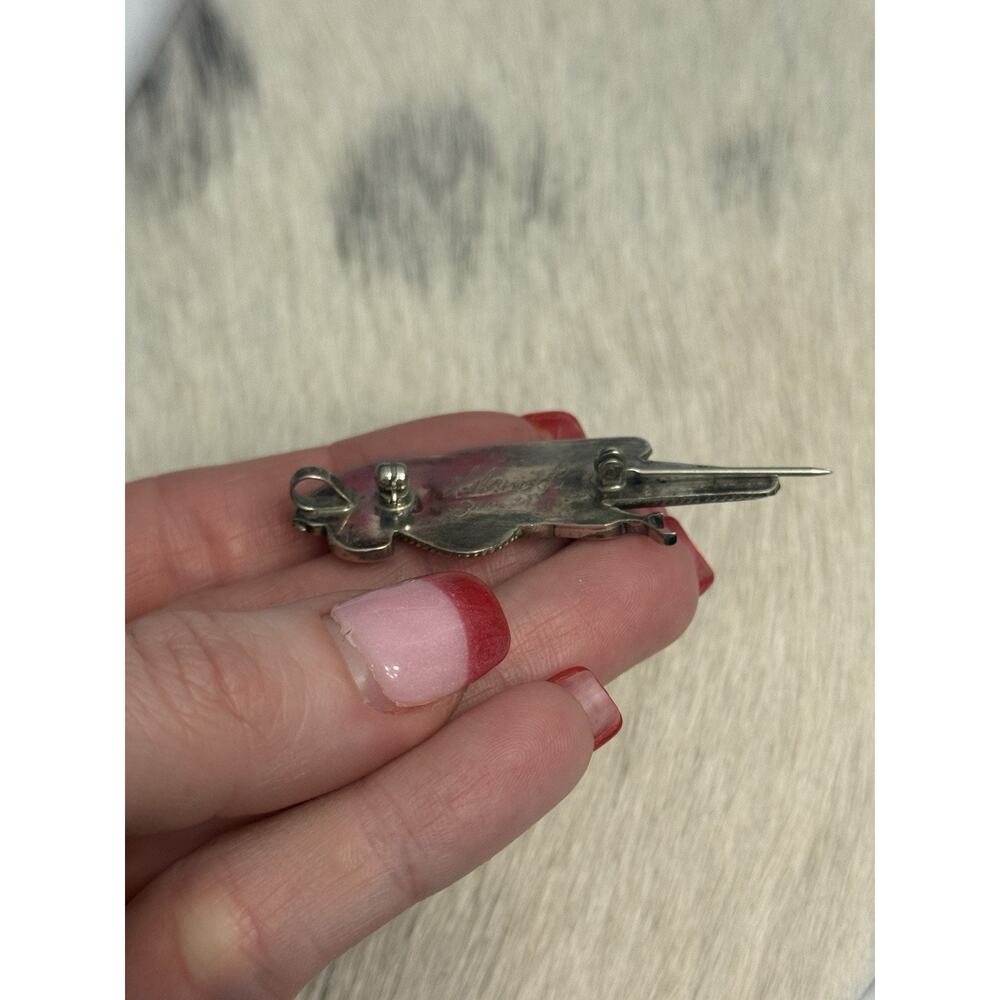 Zuni 2” Leland Peketewa Sterling Silver Inlay Turquoise Coral MOP Parrot Pendant - Picture 11 of 13